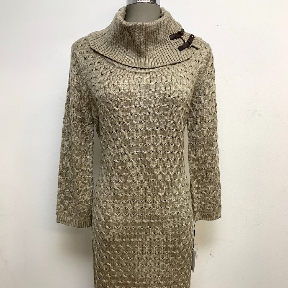 Calvin Klein NWT Modern KHAKI Buckled Cowl Neck Knit Sweater Dress size L - Picture 1 of 4